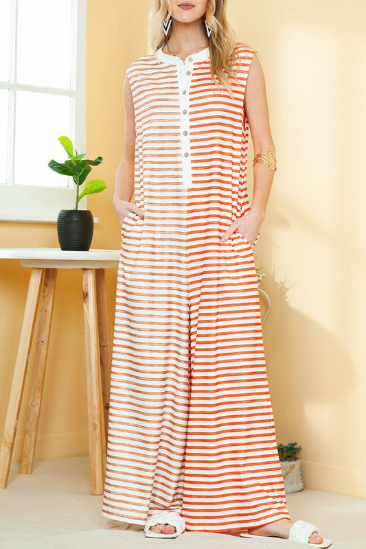 Striped Pocketed Baggy Wide Leg Jumpsuit