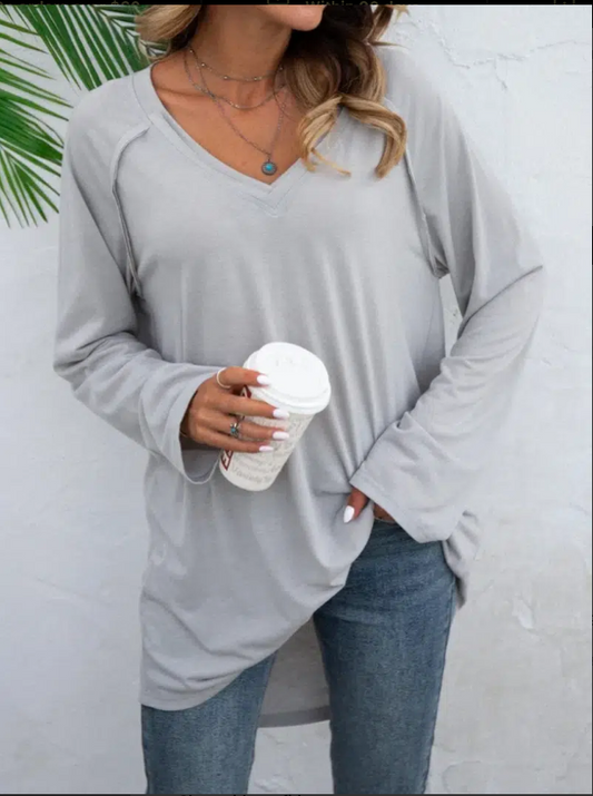 V-neck Long Sleeve Loose T-shirt